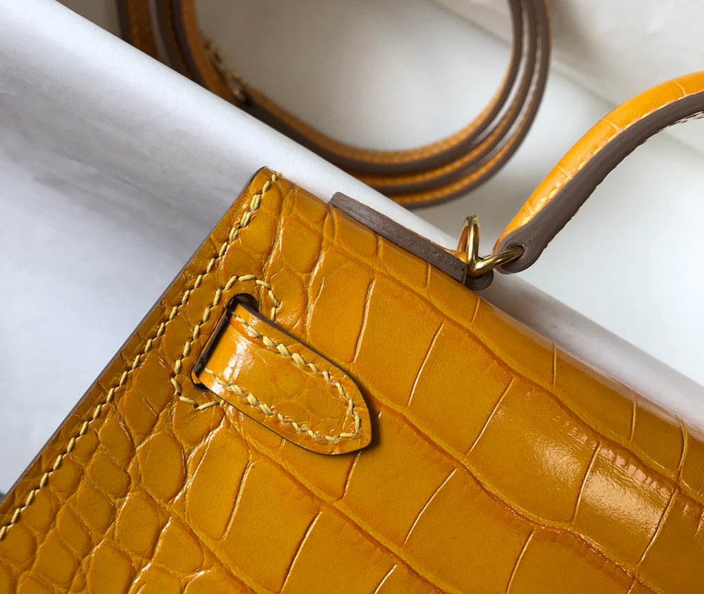 Hermes Kelly Mini II Bag 19 Yellow Crocodile Leather with Gold Hardware