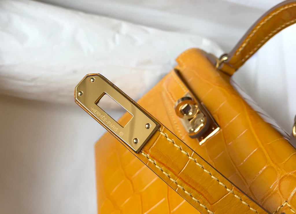 Hermes Kelly Mini II Bag 19 Yellow Crocodile Leather with Gold Hardware