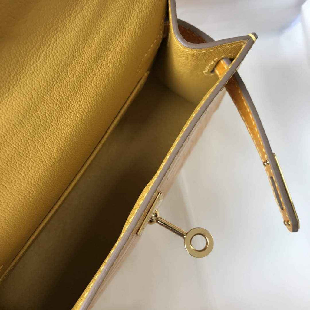 Hermes Kelly Mini II Bag 19 Yellow Crocodile Leather with Gold Hardware
