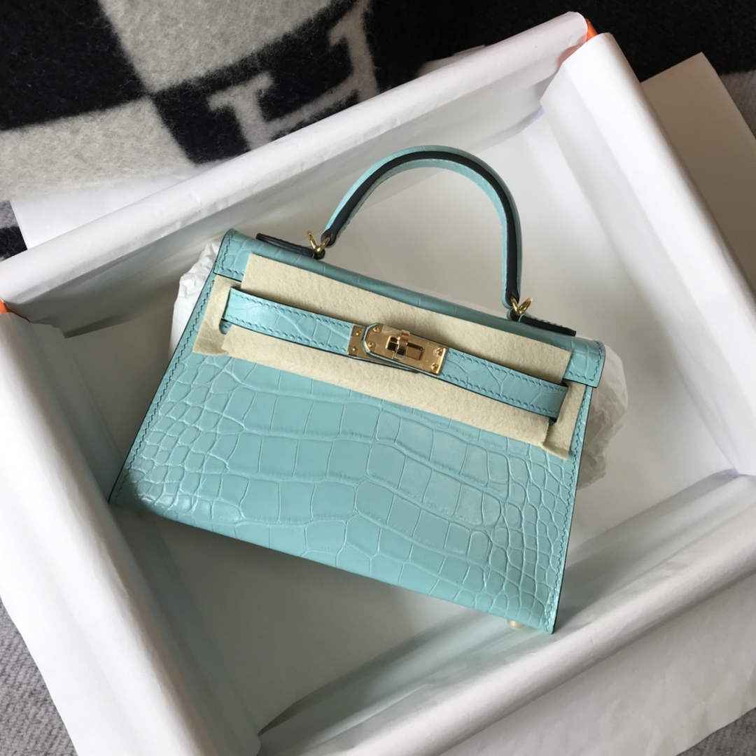 Hermes Kelly Mini II Bag 19 Blue Crocodile Leather with Gold Hardware