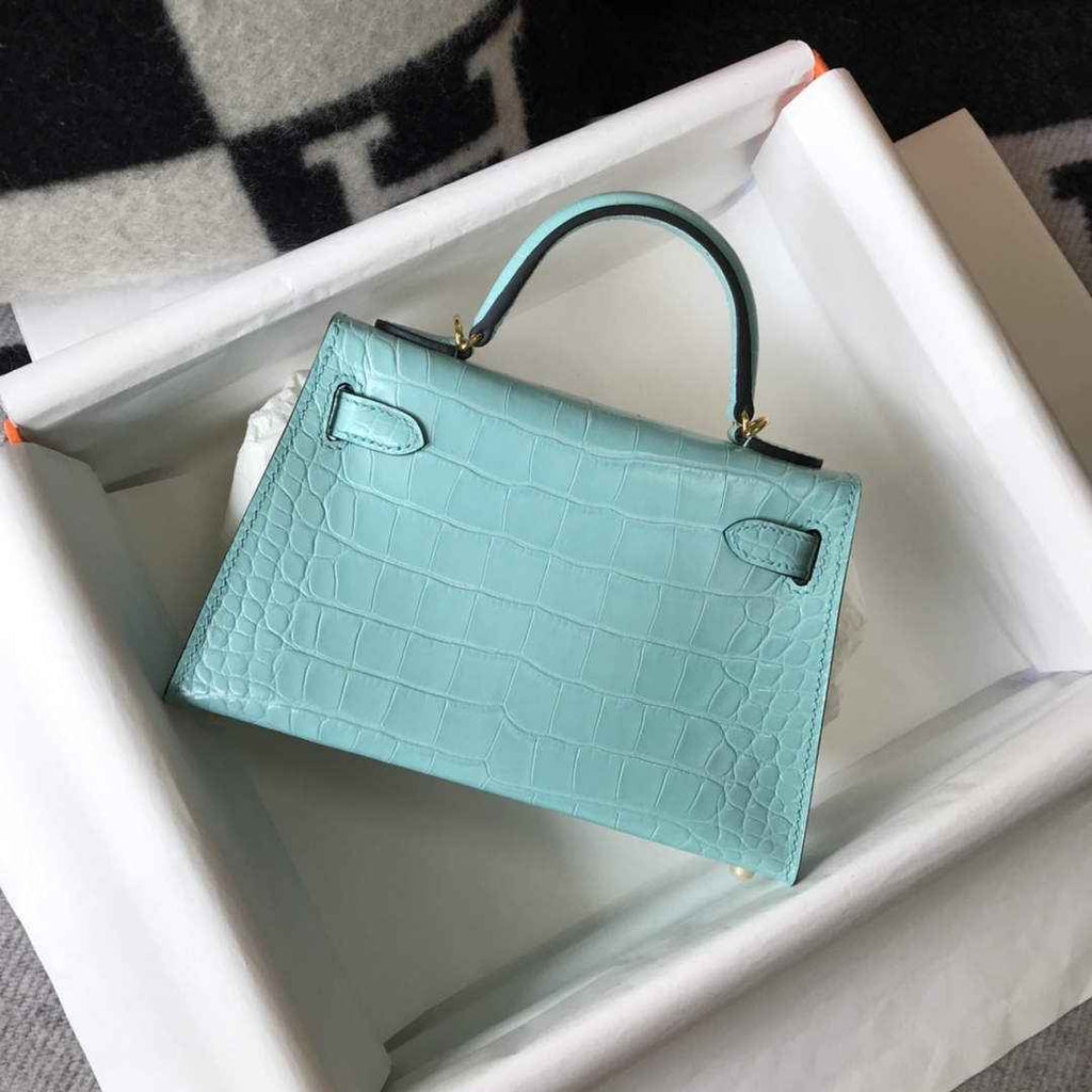Hermes Kelly Mini II Bag 19 Blue Crocodile Leather with Gold Hardware