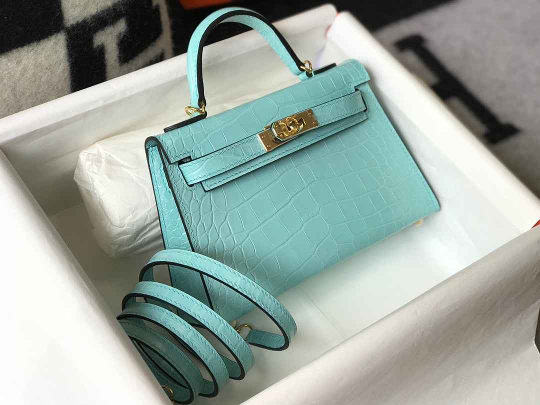 Hermes Kelly Mini II Bag 19 Blue Crocodile Leather with Gold Hardware