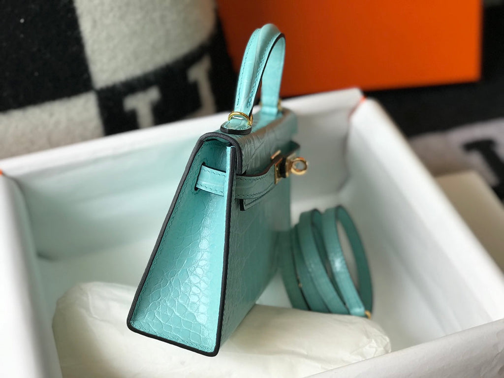 Hermes Kelly Mini II Bag 19 Blue Crocodile Leather with Gold Hardware