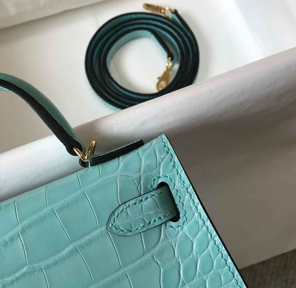 Hermes Kelly Mini II Bag 19 Blue Crocodile Leather with Gold Hardware