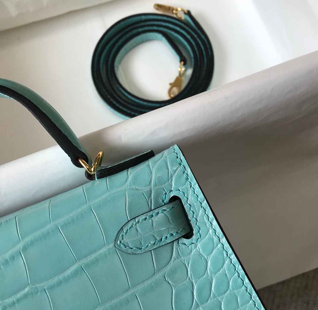 Hermes Kelly Mini II Bag 19 Blue Crocodile Leather with Gold Hardware