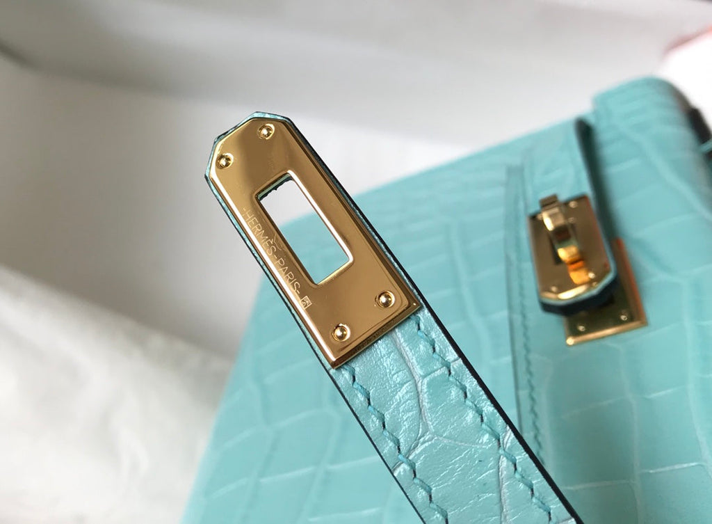 Hermes Kelly Mini II Bag 19 Blue Crocodile Leather with Gold Hardware