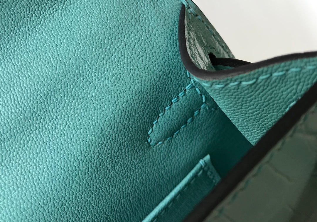 Hermes Kelly Mini II Bag 19 Blue Crocodile Leather with Gold Hardware