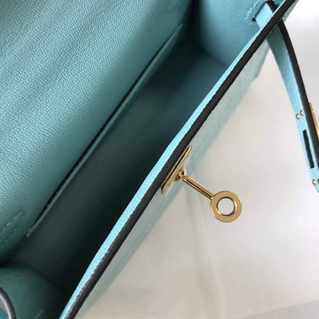 Hermes Kelly Mini II Bag 19 Blue Crocodile Leather with Gold Hardware