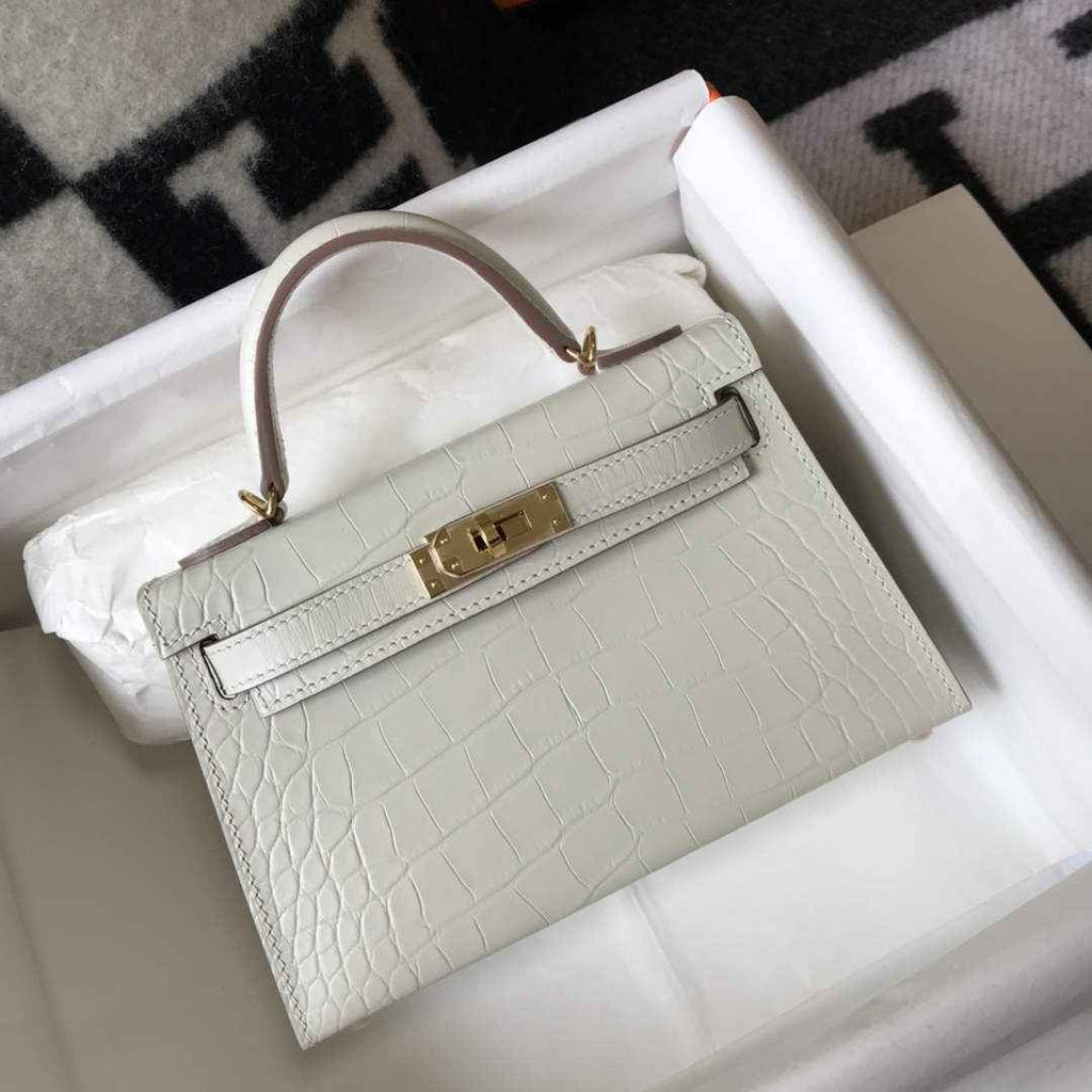 Hermes Kelly Mini II Bag 19 White Crocodile Leather with Gold Hardware