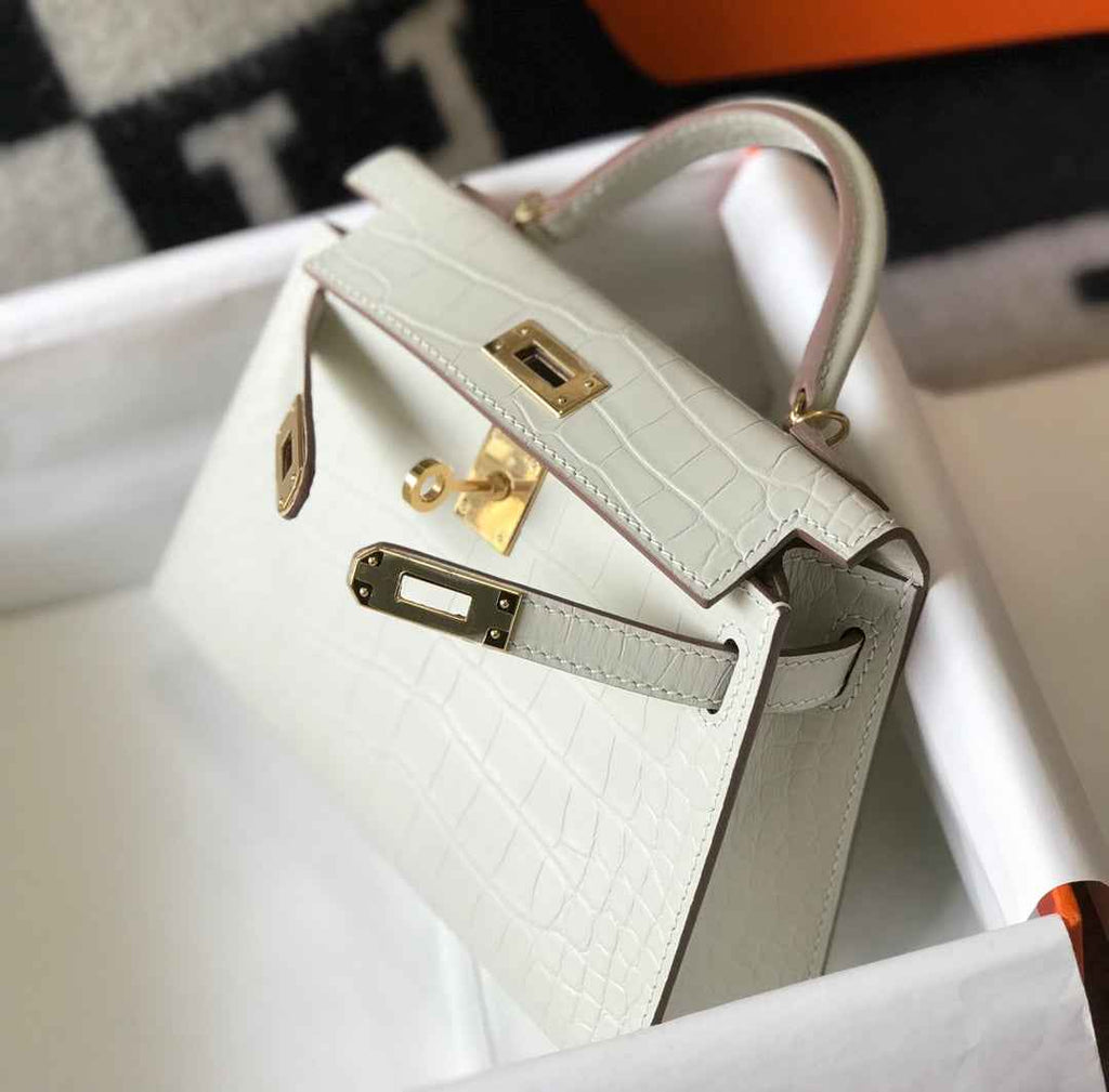 Hermes Kelly Mini II Bag 19 White Crocodile Leather with Gold Hardware