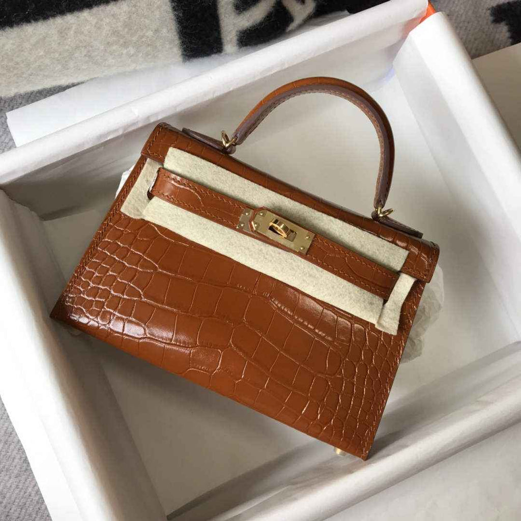 Hermes Kelly Mini II Bag 19 Brown Crocodile Leather with Gold Hardware