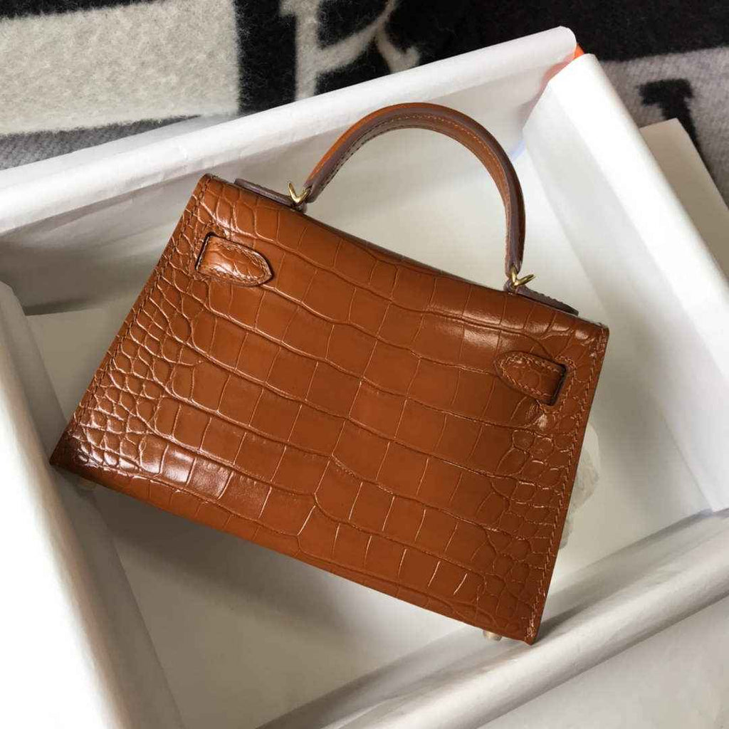 Hermes Kelly Mini II Bag 19 Brown Crocodile Leather with Gold Hardware
