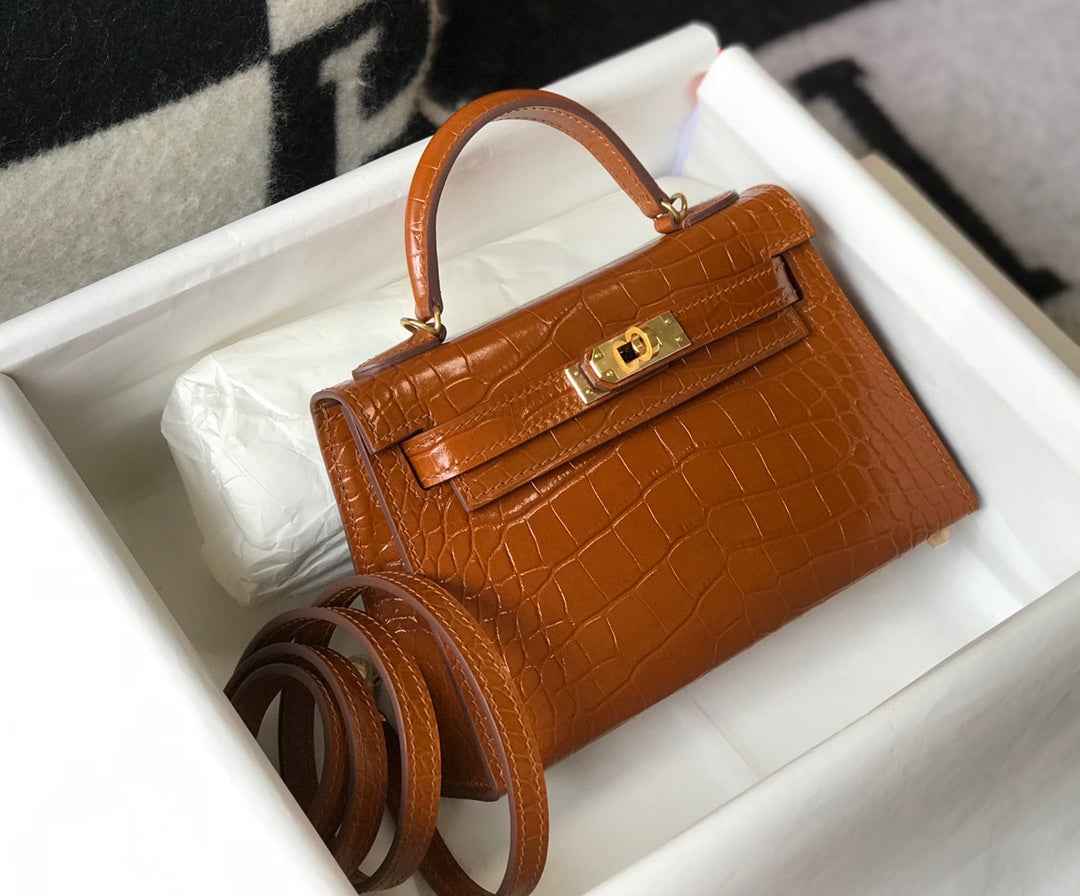 Hermes Kelly Mini II Bag 19 Brown Crocodile Leather with Gold Hardware