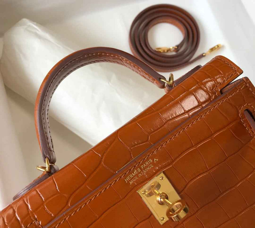 Hermes Kelly Mini II Bag 19 Brown Crocodile Leather with Gold Hardware