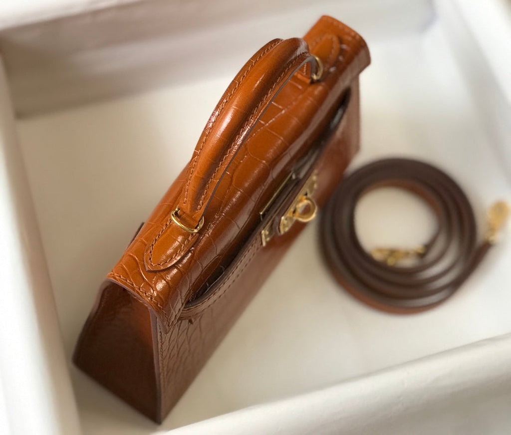 Hermes Kelly Mini II Bag 19 Brown Crocodile Leather with Gold Hardware