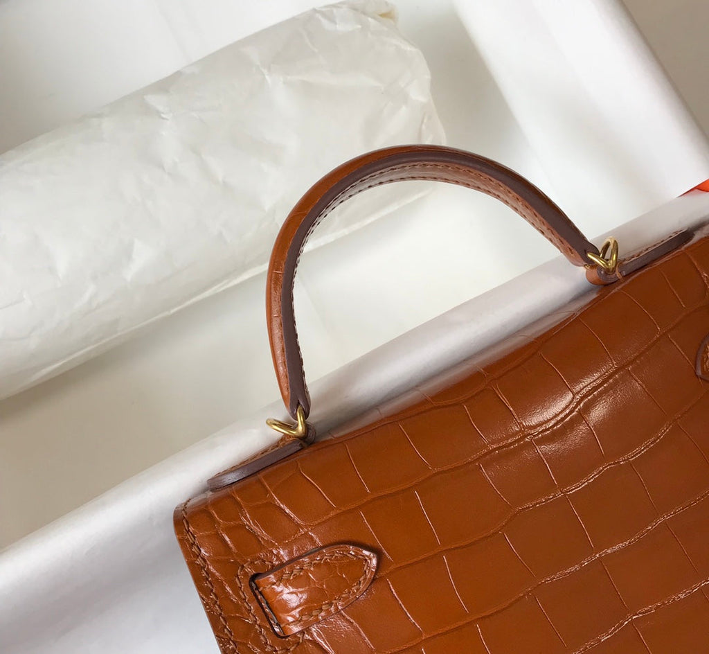Hermes Kelly Mini II Bag 19 Brown Crocodile Leather with Gold Hardware
