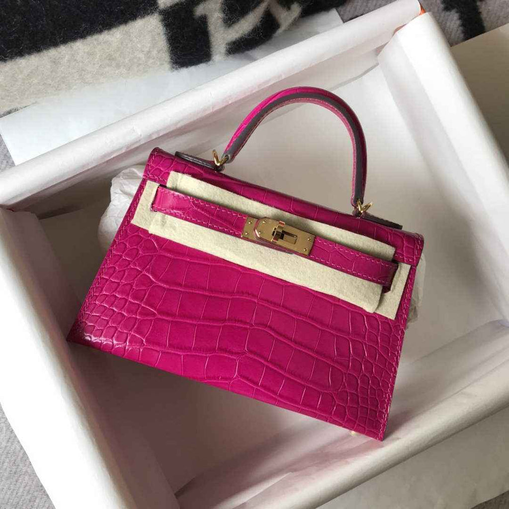 Hermes Kelly Mini II Bag 19 Purple Crocodile Leather with Gold Hardware