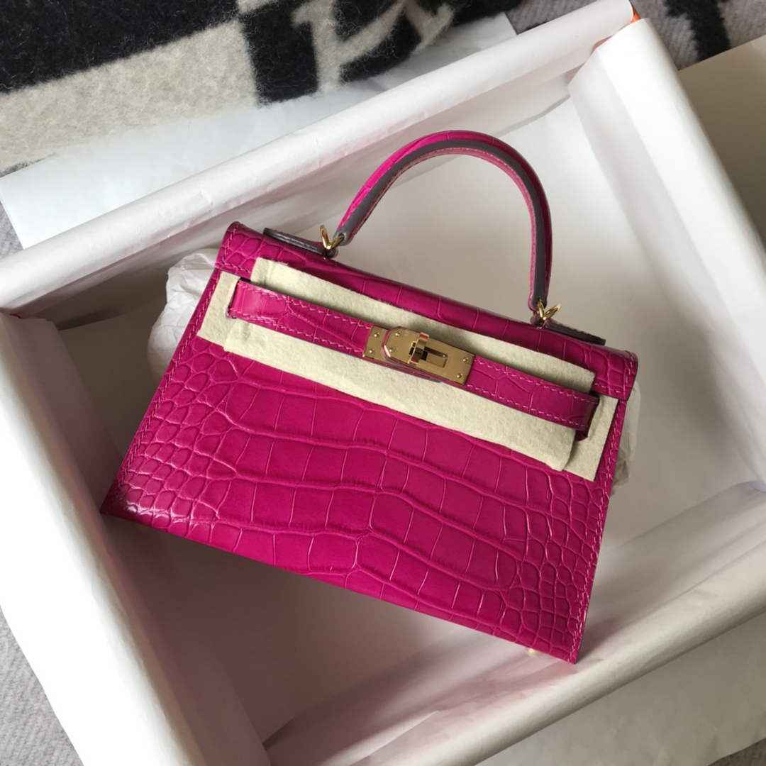 Hermes Kelly Mini II Bag 19 Purple Crocodile Leather with Gold Hardware