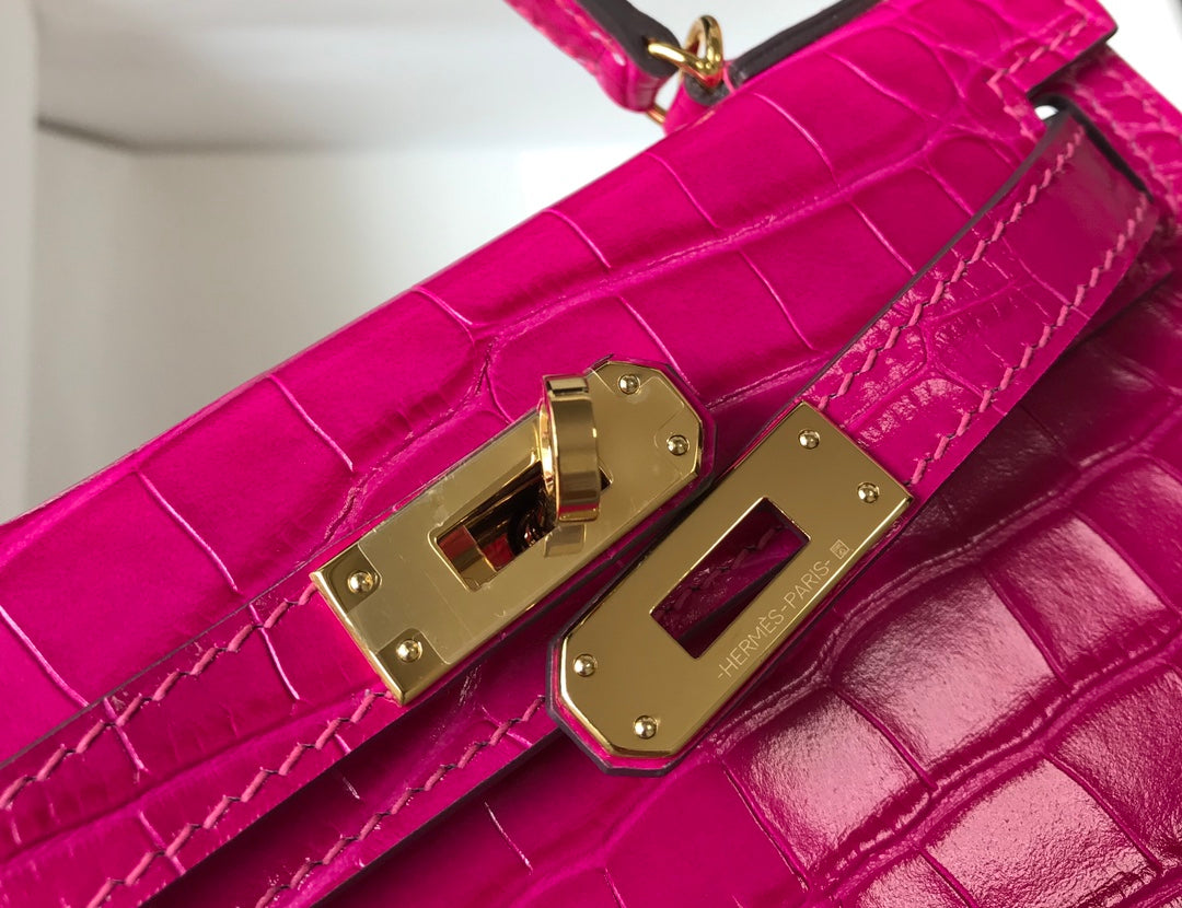 Hermes Kelly Mini II Bag 19 Purple Crocodile Leather with Gold Hardware