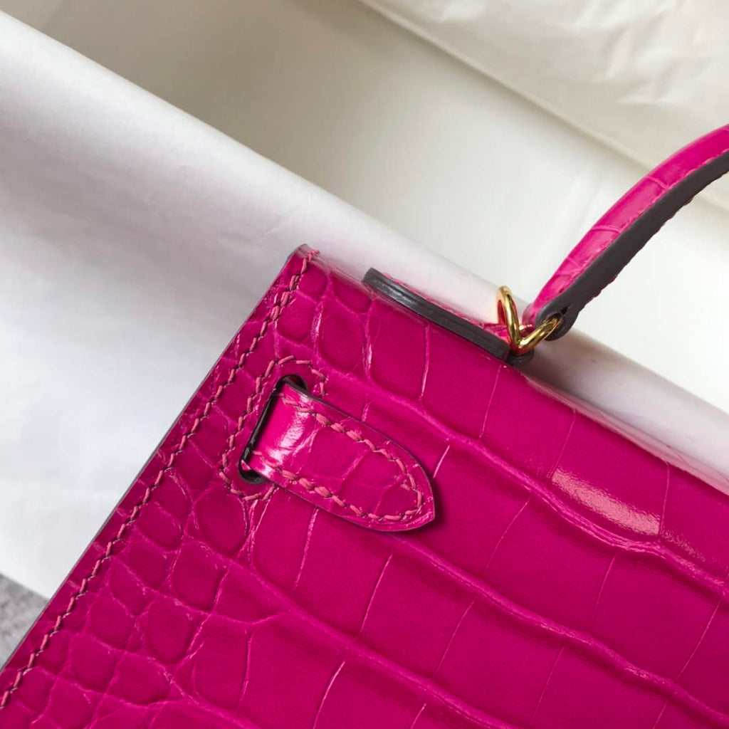 Hermes Kelly Mini II Bag 19 Purple Crocodile Leather with Gold Hardware