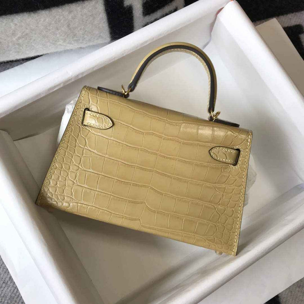 Hermes Kelly Mini II Bag 19 dark beige Crocodile Leather with Gold Hardware