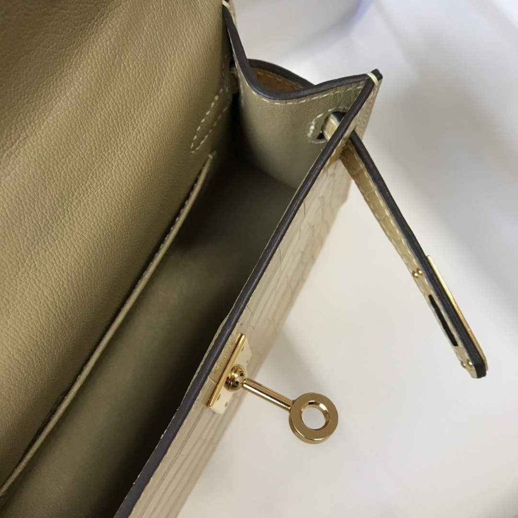 Hermes Kelly Mini II Bag 19 dark beige Crocodile Leather with Gold Hardware