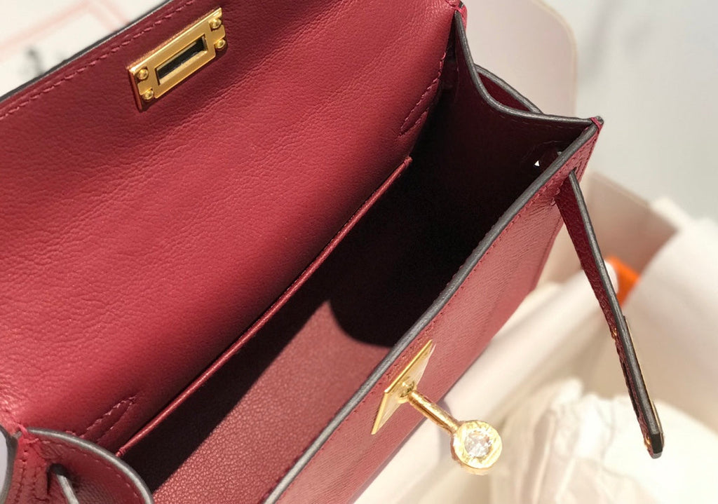 Hermes Kelly Mini II Bag 19 Gold Hardware with Epsom Dark Red