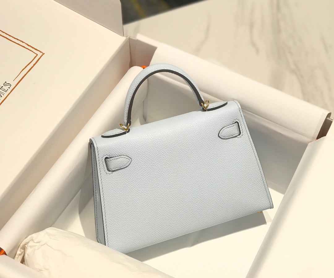 Hermes Kelly Mini II Bag 19 Silver Hardware with Epsom Light Blue