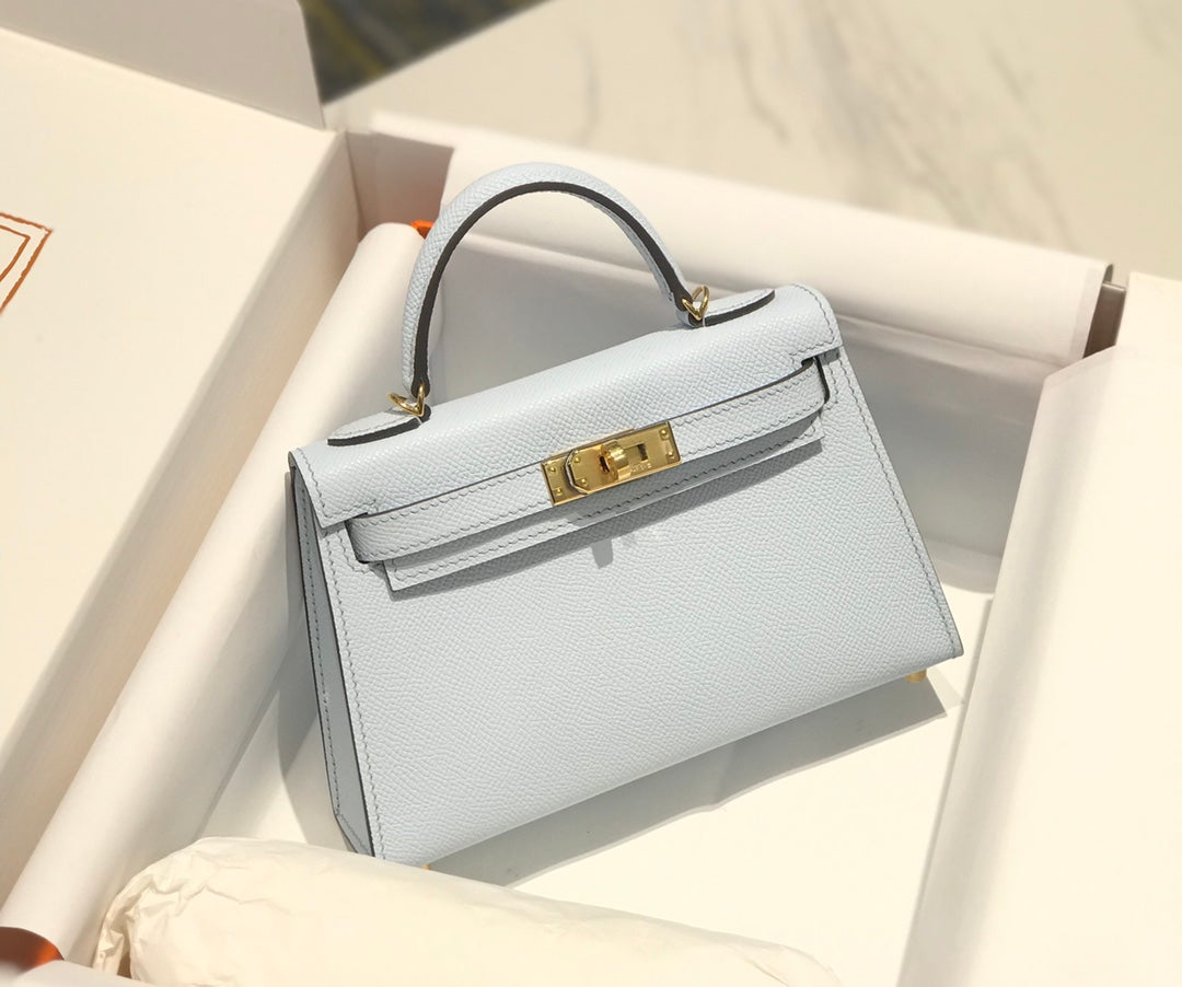 Hermes Kelly Mini II Bag 19 Silver Hardware with Epsom Light Blue