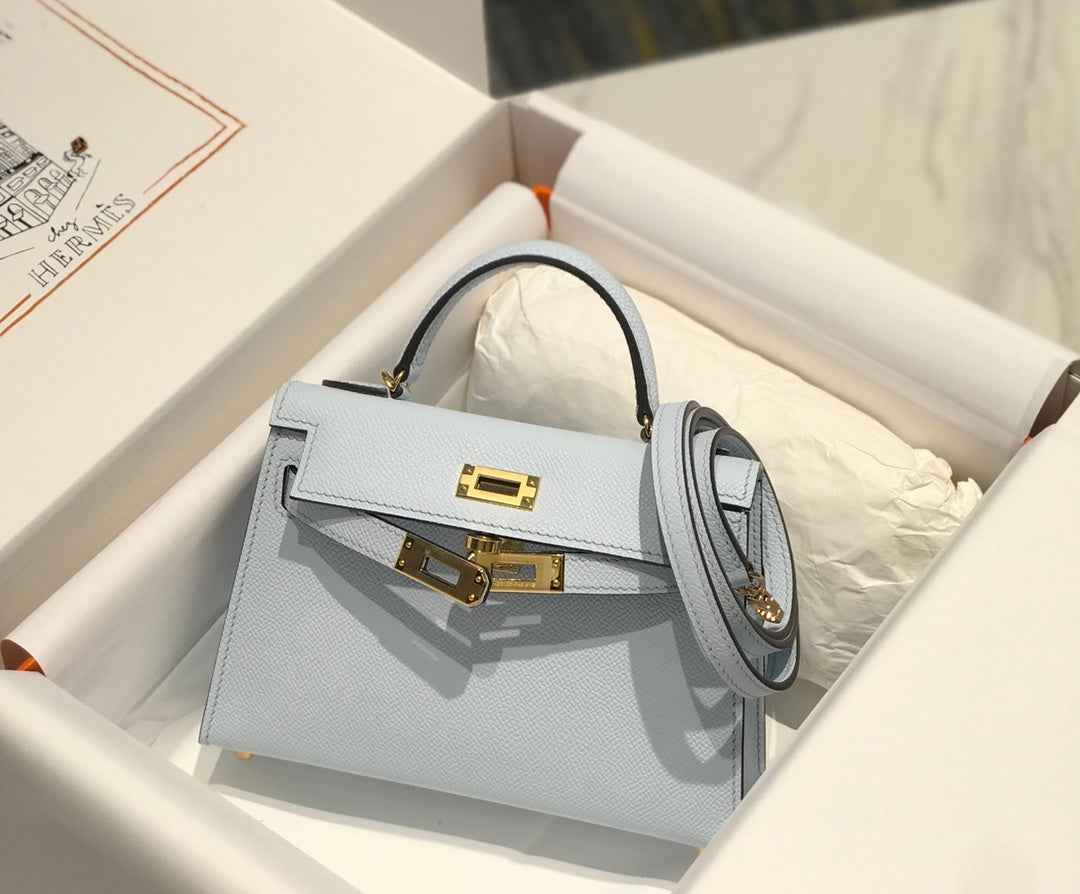 Hermes Kelly Mini II Bag 19 Silver Hardware with Epsom Light Blue