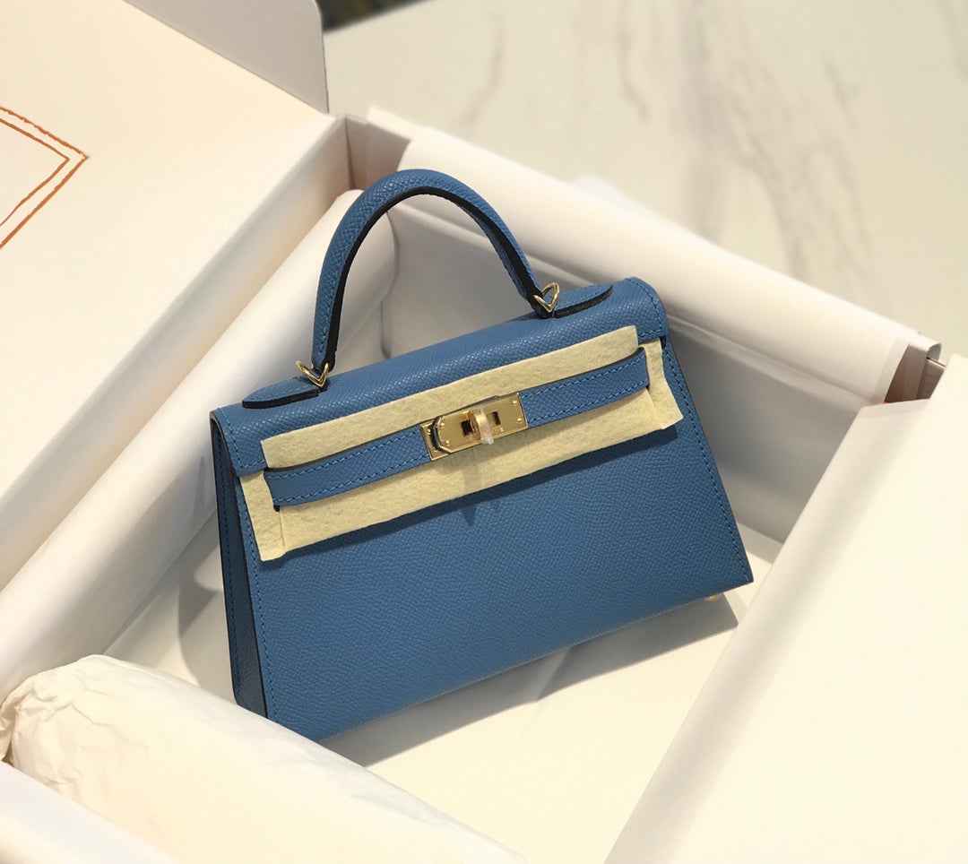 Hermes Kelly Mini II Bag 19 Gold Hardware with Epsom Blue Leather