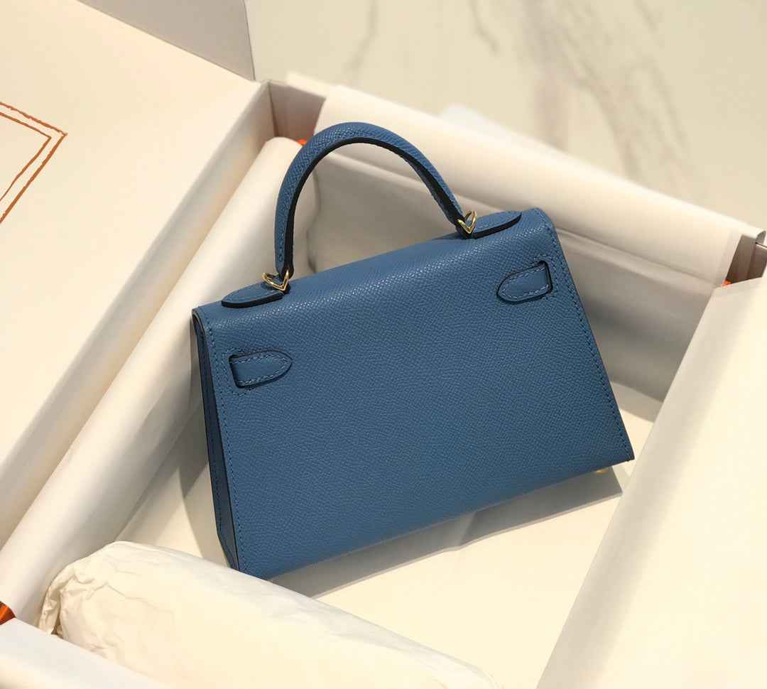Hermes Kelly Mini II Bag 19 Gold Hardware with Epsom Blue Leather