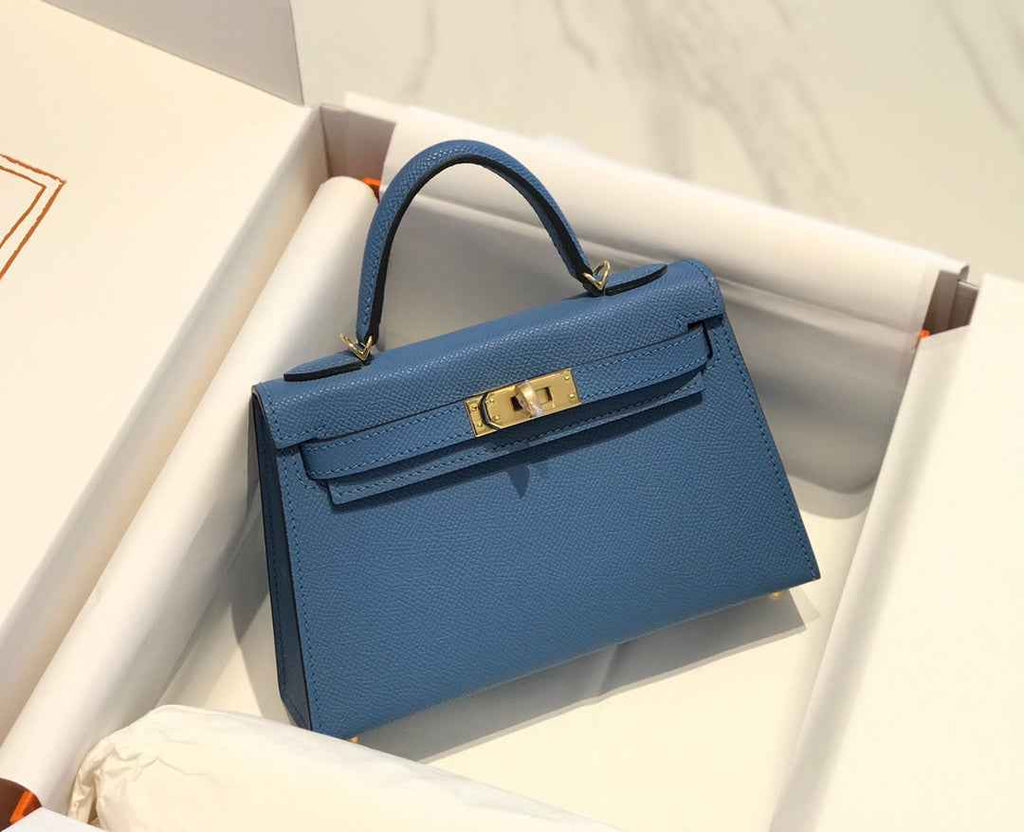Hermes Kelly Mini II Bag 19 Gold Hardware with Epsom Blue Leather