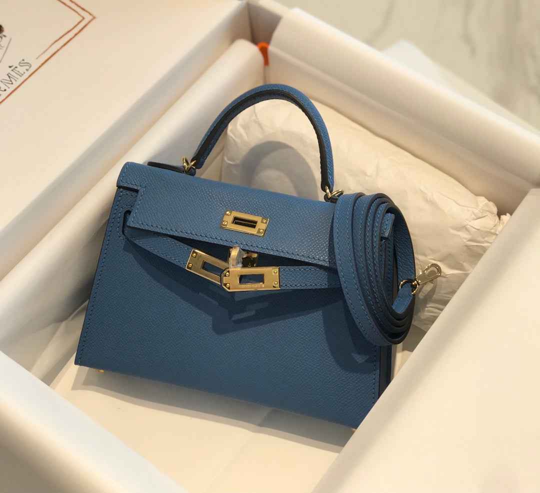 Hermes Kelly Mini II Bag 19 Gold Hardware with Epsom Blue Leather