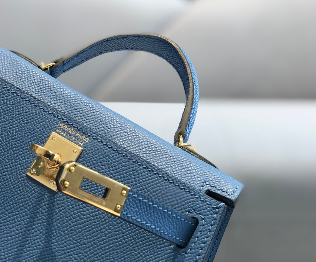 Hermes Kelly Mini II Bag 19 Gold Hardware with Epsom Blue Leather