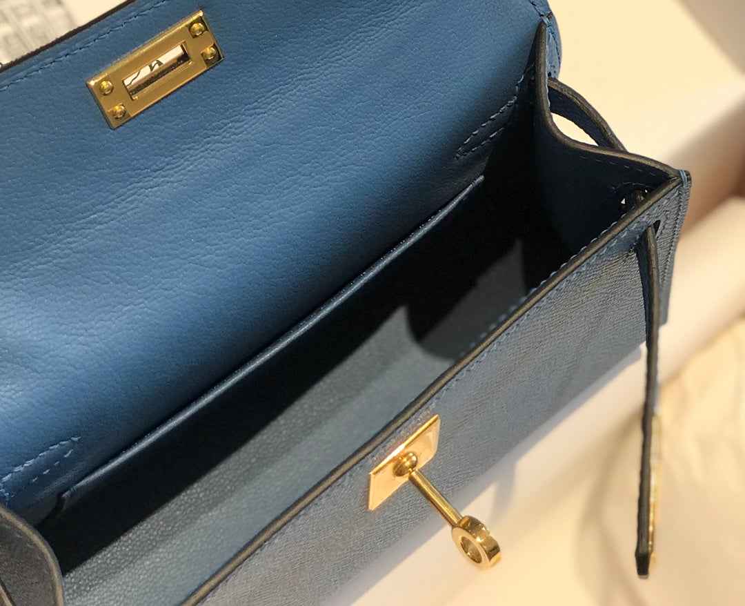 Hermes Kelly Mini II Bag 19 Gold Hardware with Epsom Blue Leather