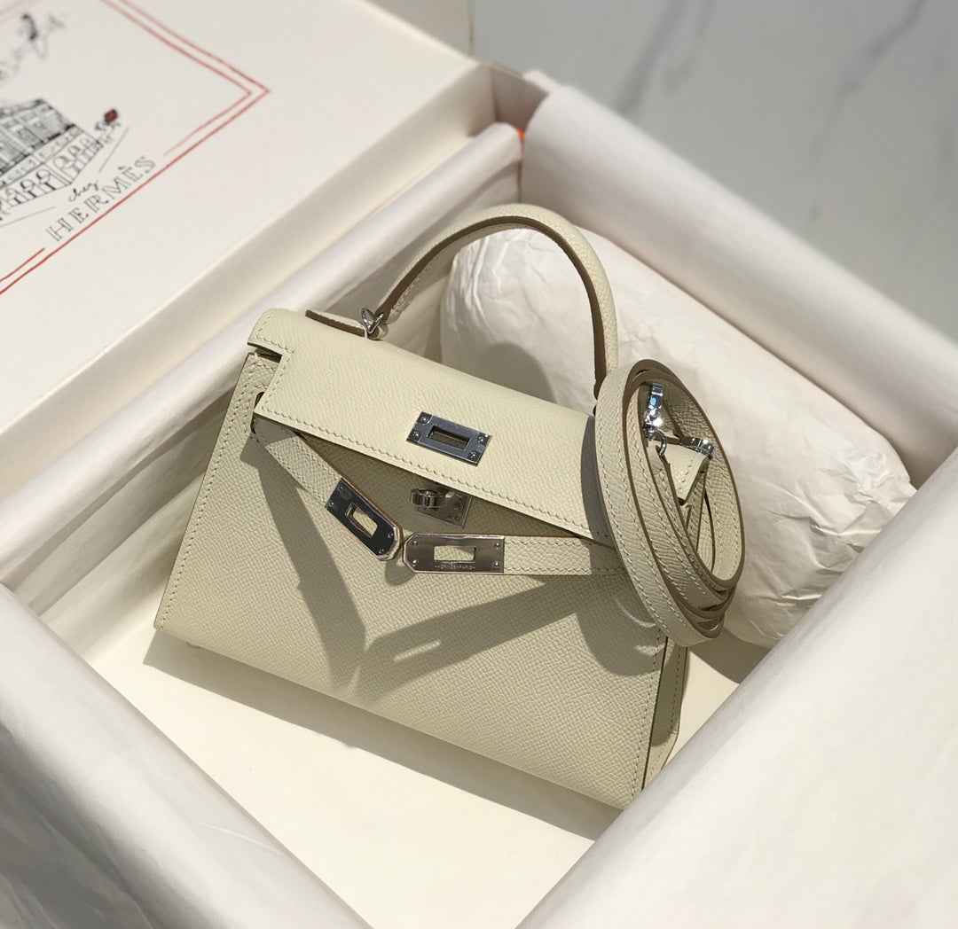 Hermes Kelly Mini II Bag 19 Silver Hardware with Epsom White