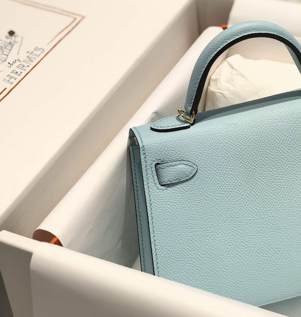 Hermes Kelly Mini II Bag 19 Epsom Light Blue with Silver Hardware