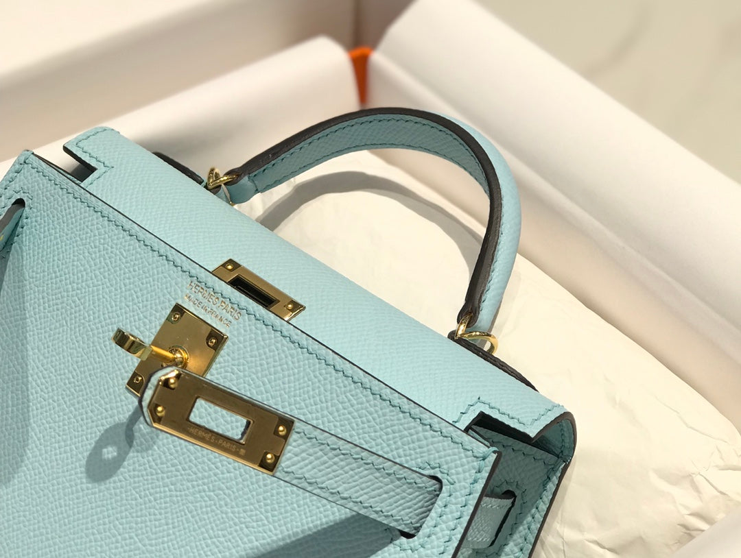 Hermes Kelly Mini II Bag 19 Epsom Light Blue with Silver Hardware
