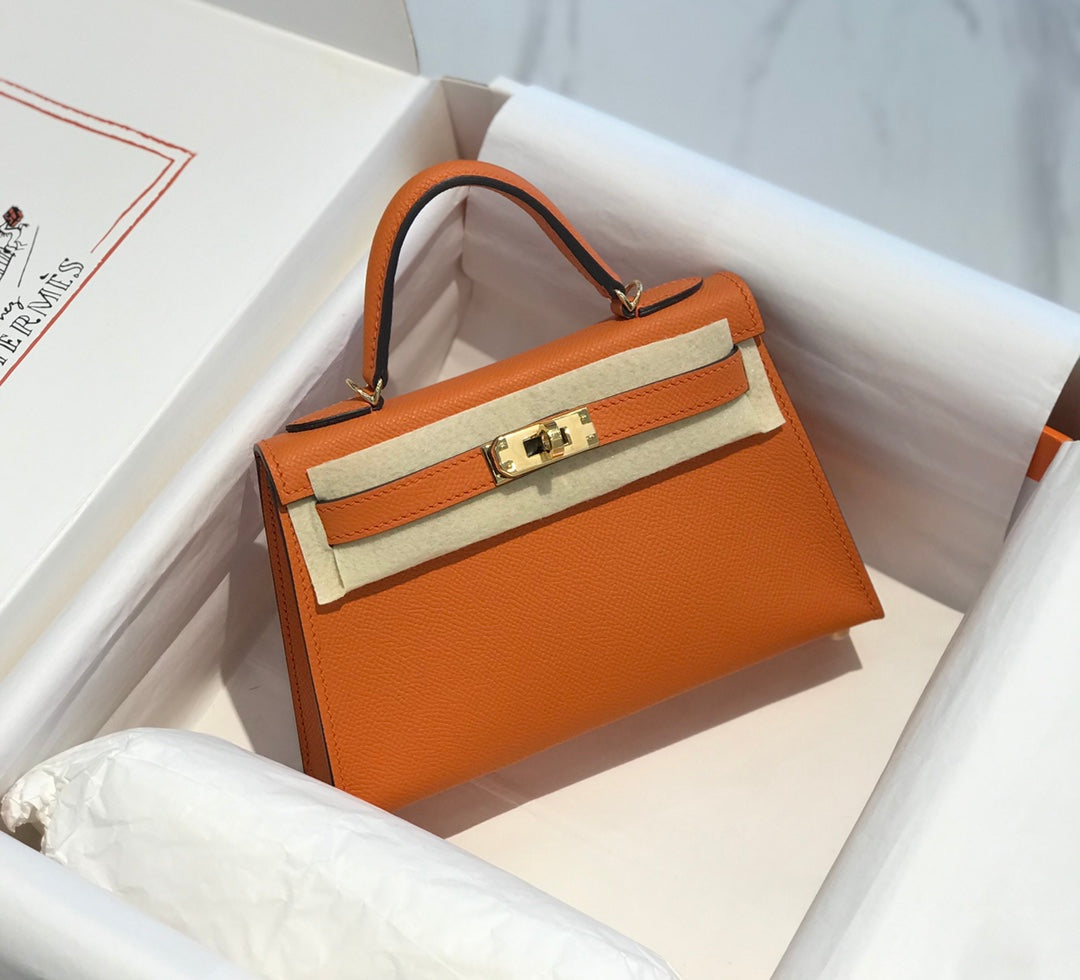 Hermes Kelly Mini II Bag 19 Gold Hardware with Epsom Orange