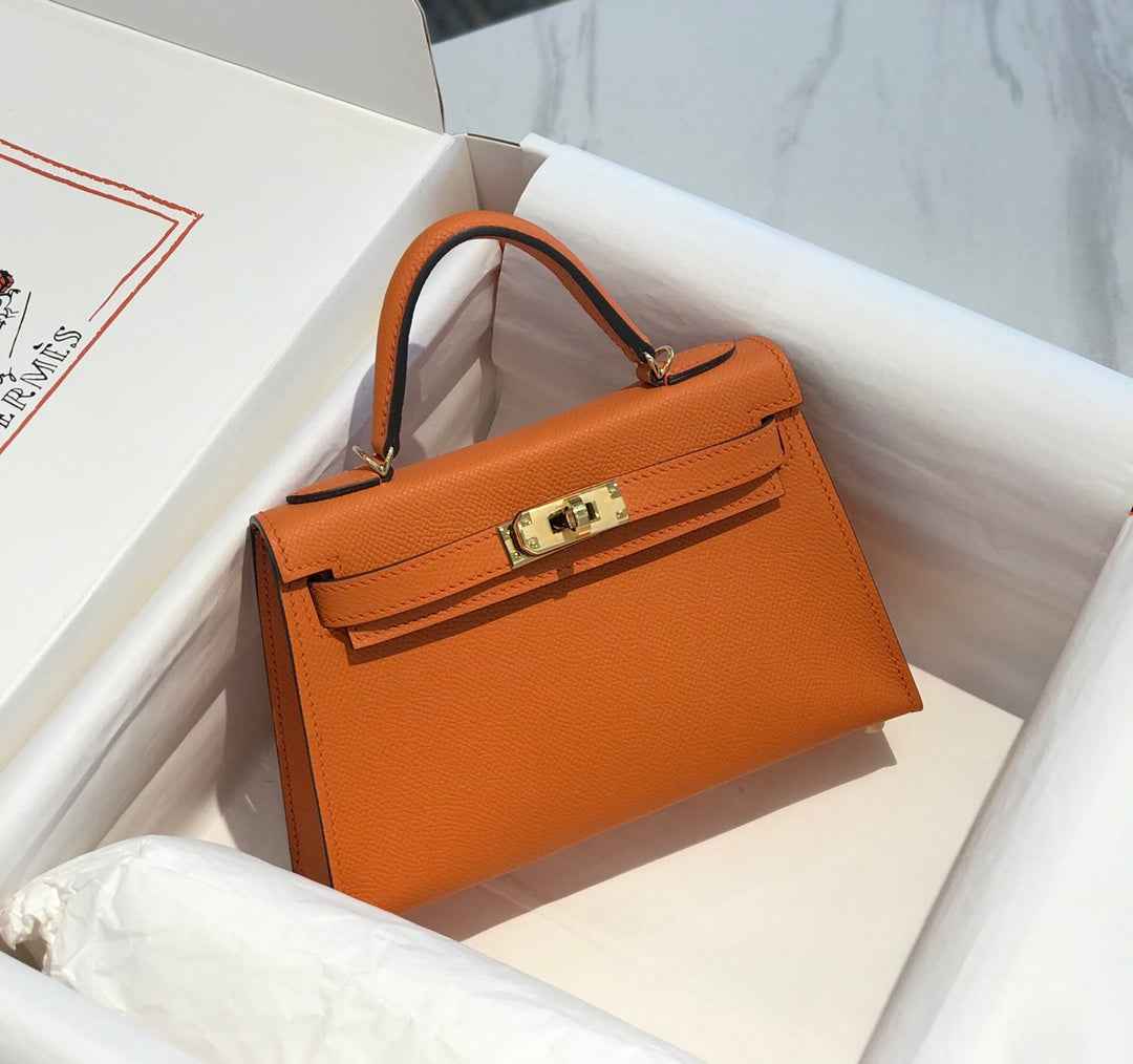Hermes Kelly Mini II Bag 19 Gold Hardware with Epsom Orange