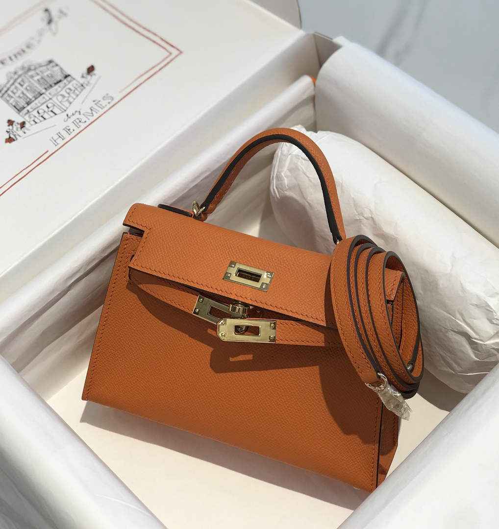 Hermes Kelly Mini II Bag 19 Gold Hardware with Epsom Orange