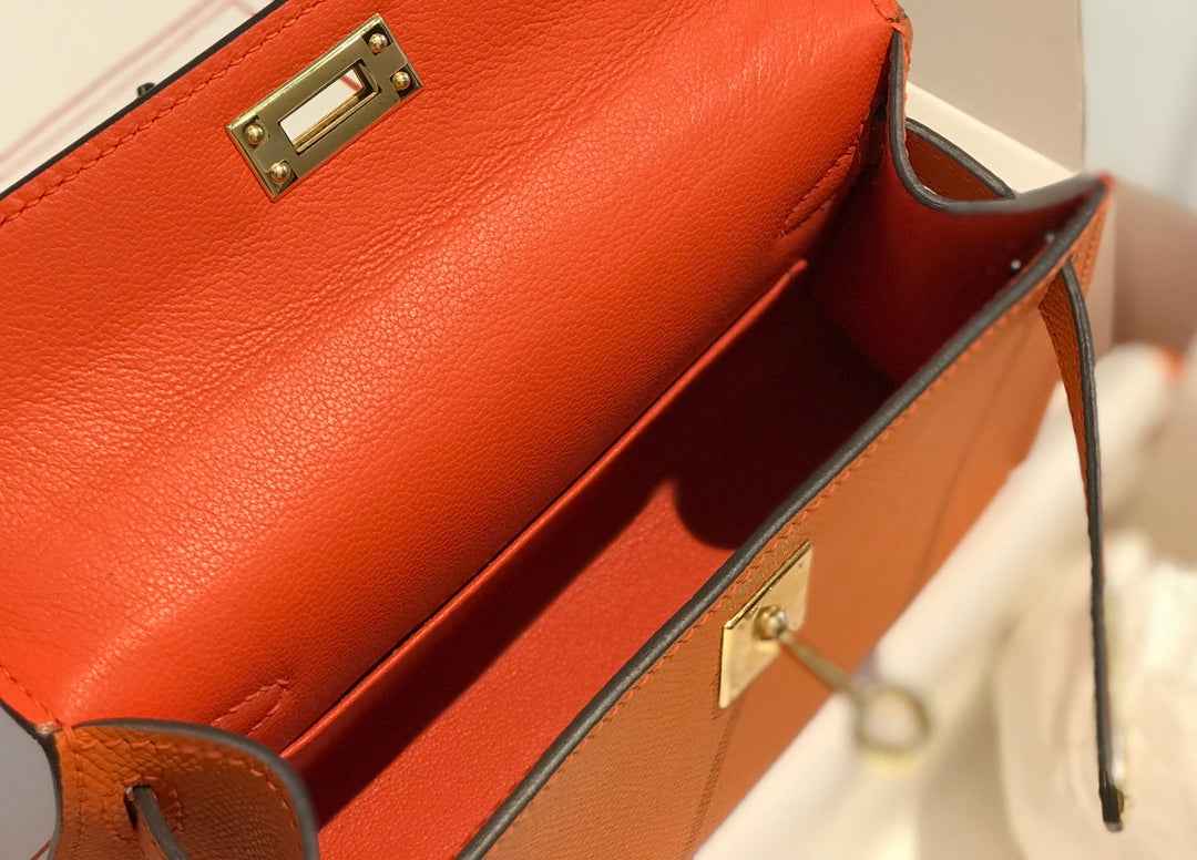 Hermes Kelly Mini II Bag 19 Gold Hardware with Epsom Orange