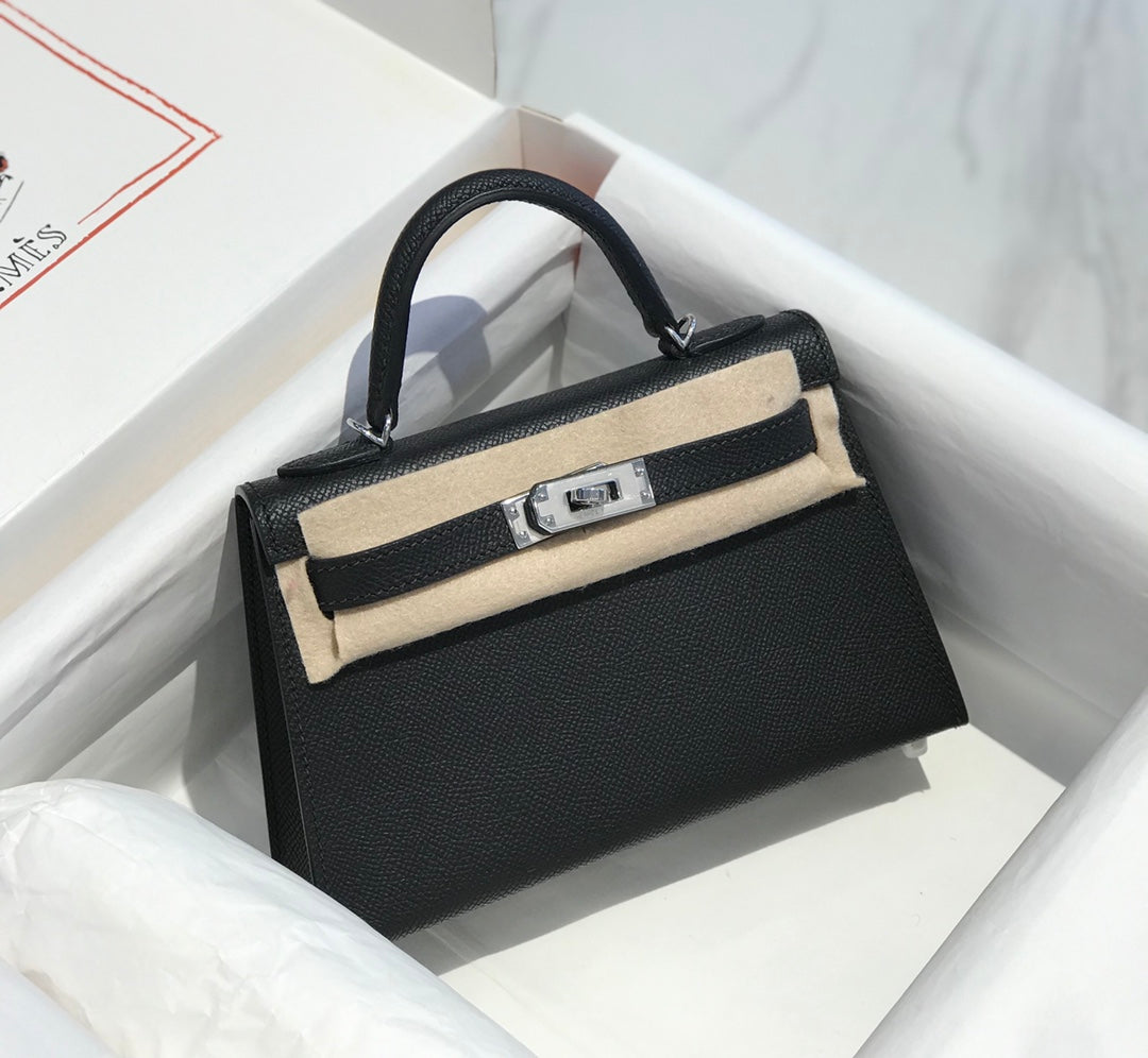 Hermes Kelly Mini II Bag 19 Silver Hardware with Epsom Black