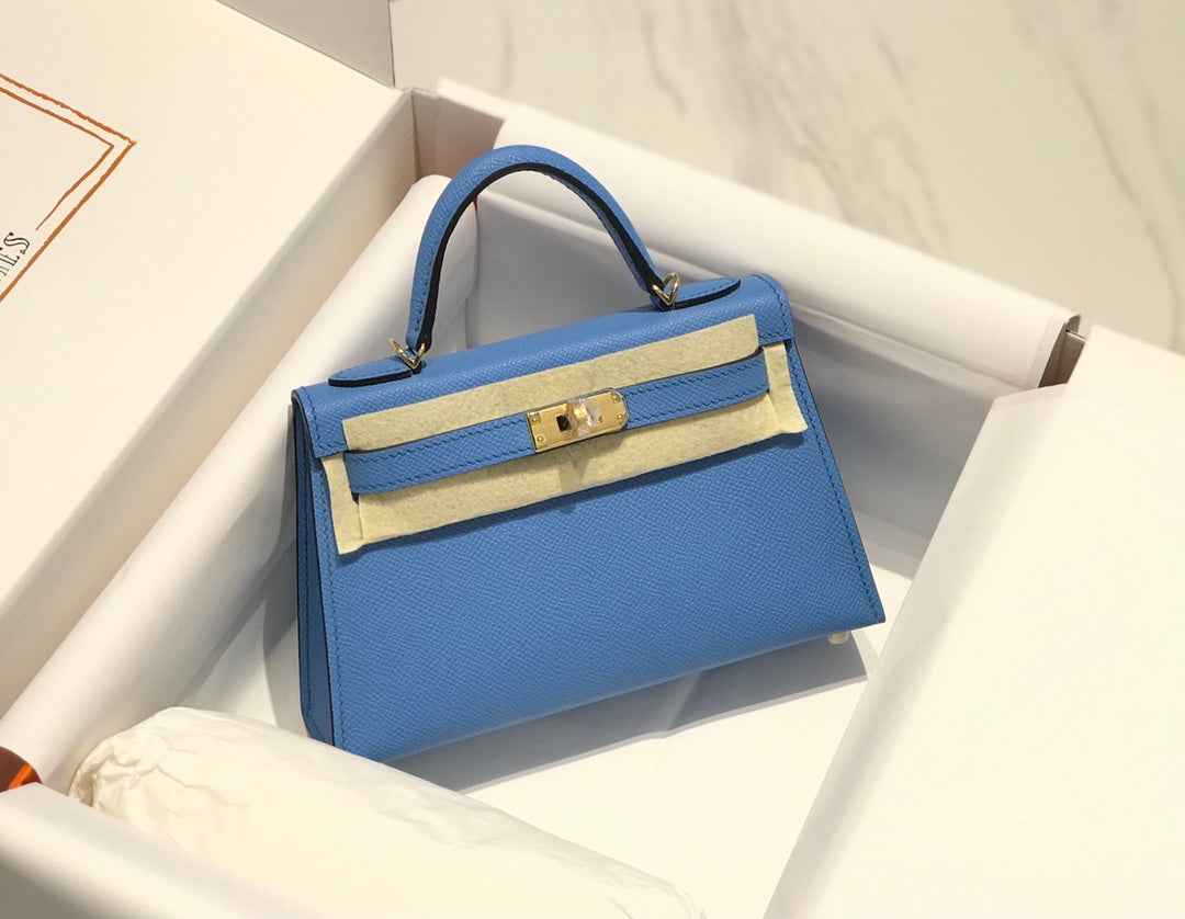 Hermes Kelly Mini II Bag 19 Gold Hardware with Epsom Blue