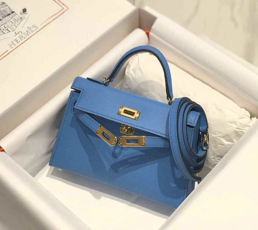 Hermes Kelly Mini II Bag 19 Gold Hardware with Epsom Blue