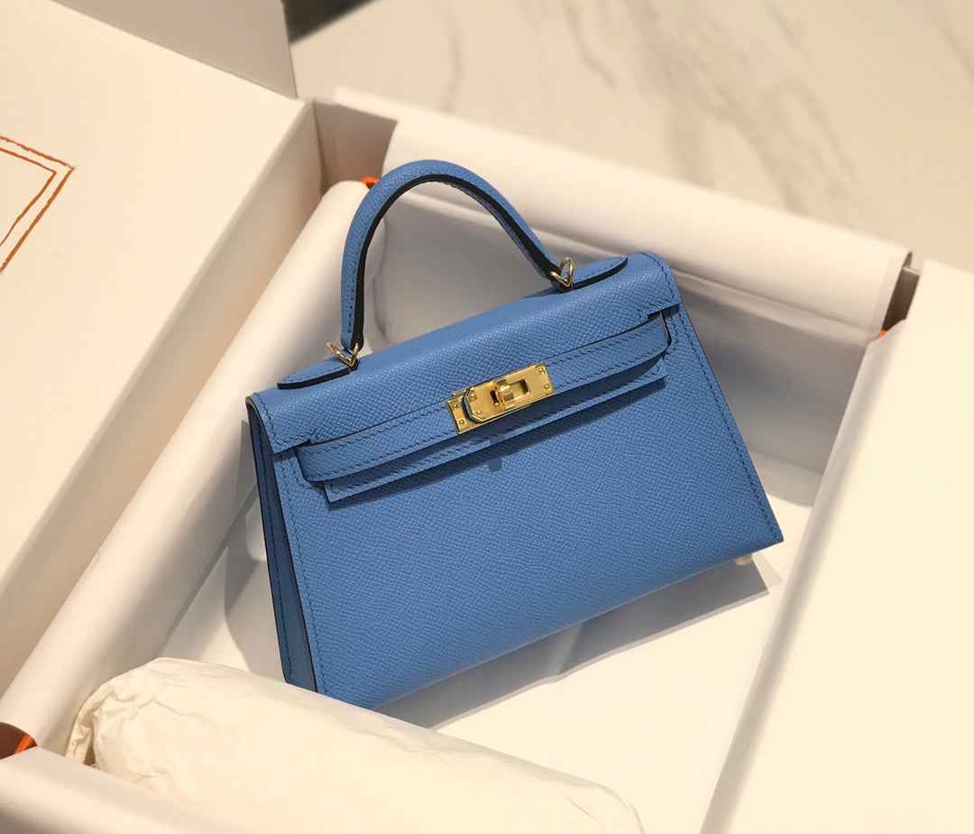 Hermes Kelly Mini II Bag 19 Gold Hardware with Epsom Blue