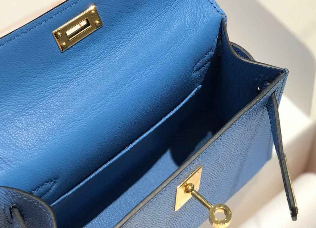 Hermes Kelly Mini II Bag 19 Gold Hardware with Epsom Blue