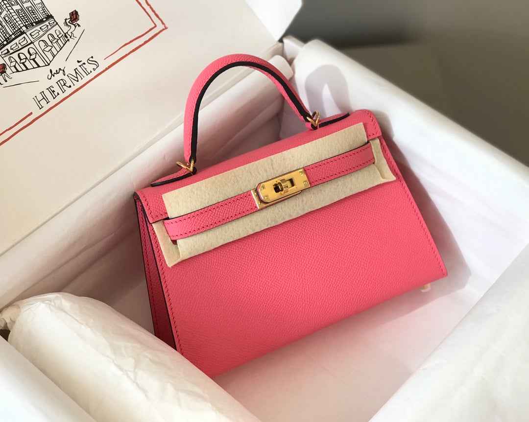 Hermes Kelly Mini II Bag 19 Gold Hardware with Epsom Pink