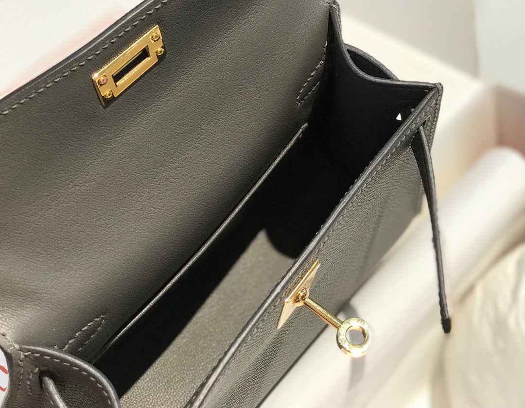 Hermes Kelly Mini II Bag 19 Gold Hardware with Epsom Dark Gray Leather